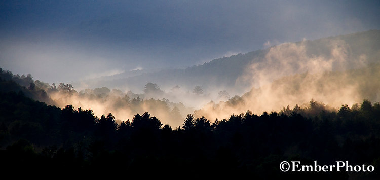 valley, storm, fog, rising, mist, moody, vermont, river, forests, trees, valley